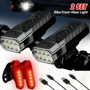 2 Sets (8 LEDs Total) Ultra Bright System - 1200mAh USB Lights with 3-Speed Front Headlight & 4-Speed Tail, USB- for Road/Mountain, Night Cycling, Compatible with