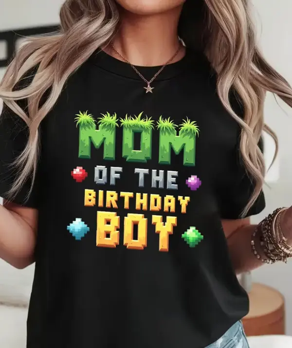 Minecraft Pixel Style Mom Of The Birthday Boy Graphic T-Shirt Women Game Themed Birthday Party Casual Crew Neck Short Sleeve Tee For Ladies