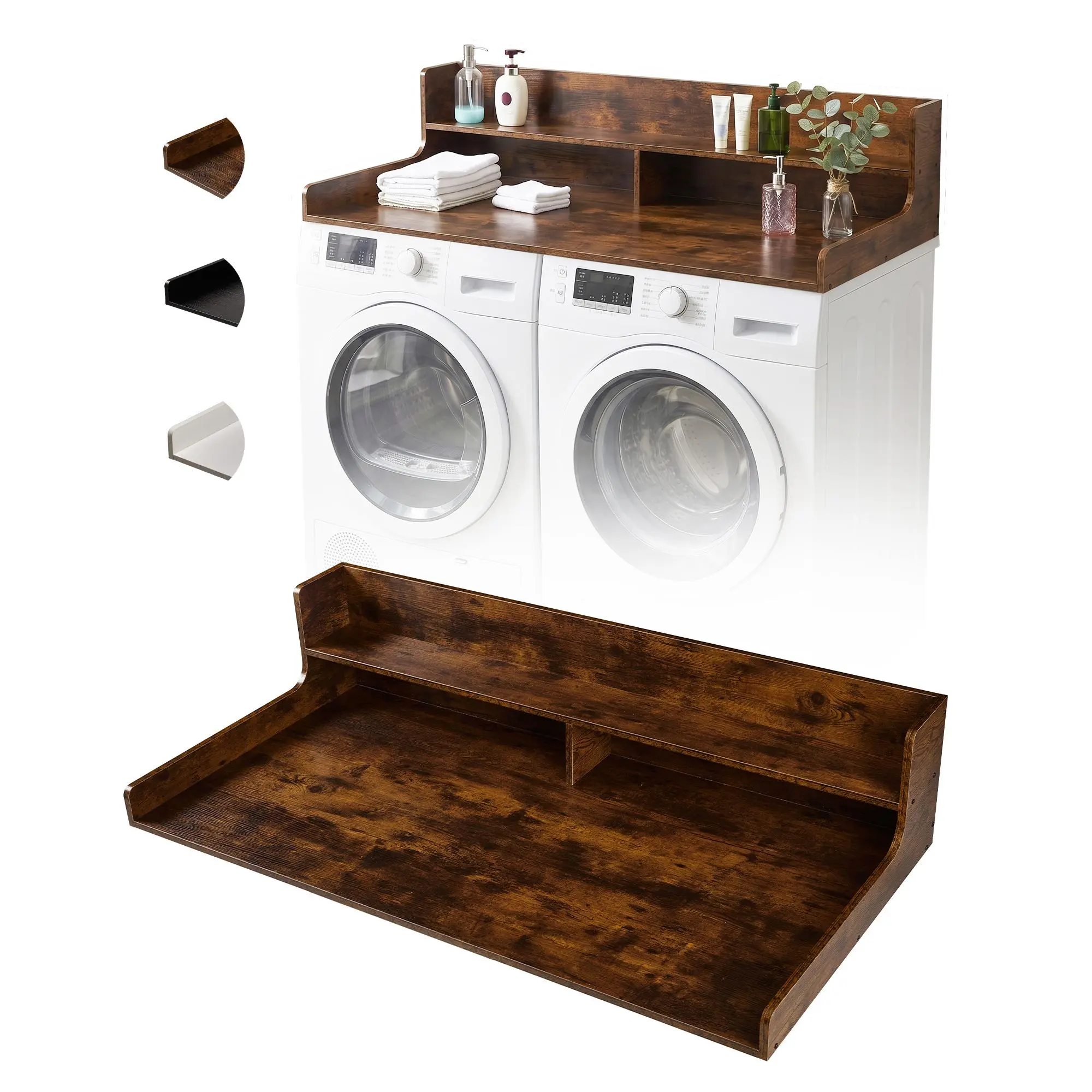 54" x 27.5" Washer and Dryer Top Cover Table, Multifunctional Laundry Organizer Station with 12" Anti-Drop Backboard, Thick Wooden Laundry Folding Table with Anti-Vibration Mat