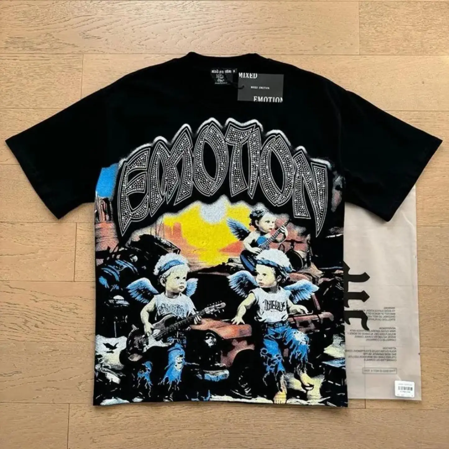 MIXED EMOTION Diamond Angel Graphic T-Shirt Men's Oversized Streetwear Tee Y2K Aesthetic Cotton Short Sleeve Crew Neck Summer Top tiktokshopbacktoschool