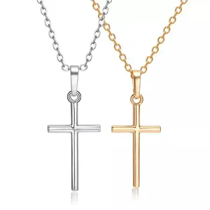 Simple Silver Gold Plated Cross Pendant Necklace Women Men's Jewelry Gift Alloy Wedding