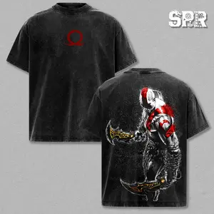 Kratos – God of War T-shirt Washed – Retro Gaming Oversize Unisex Cotton, Double Printed Heavyweight Graphic Tee, Greek Myth Warrior Streetwear Merch