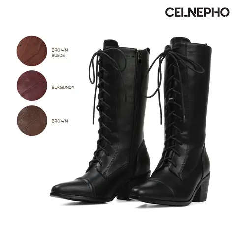 CELNEPHO Womens Mid Calf Boots Victorian Style Granny Boot Pointed Toe Chunky Block Heel Side Zipper LaceUp Easy Pull on Comfy Outdoor Gifts Date Clubbing Event Party Office Casual Steampunk Gothic Vinatge Combat Biker Fall Fashion Dressy Shoes