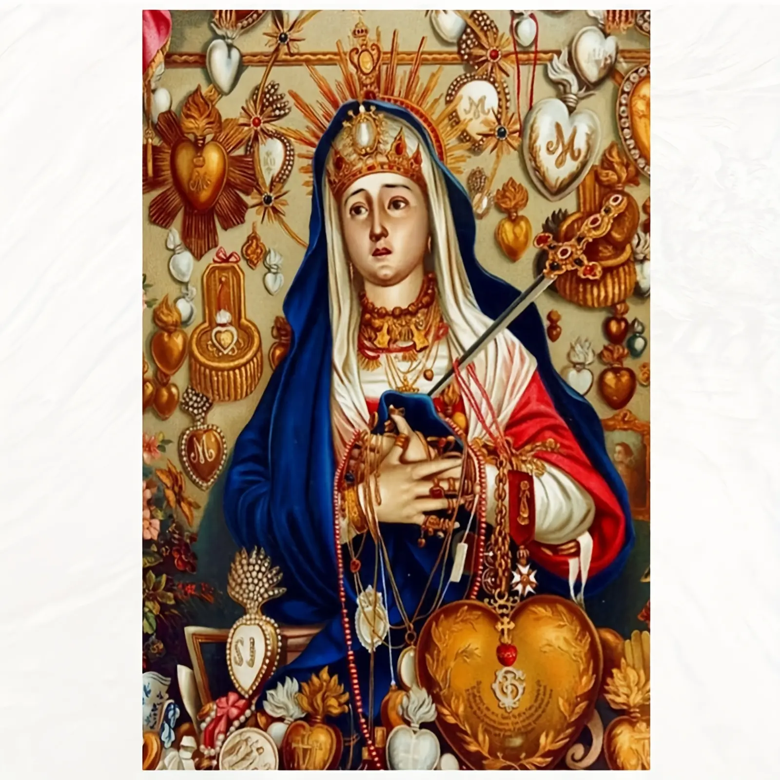 2D Flat, 1pc Frameless Voodoo Goddess Erzulie Portrait - Haitian Voodoo Religious Art Poster with Crown, Jewelry, Hearts & Floral Motifs in Golden, Blue, Red - Large 12x18 Inches (30x45cm) - Spiritual Wall Decor for Living Room, Bedroom, Office - Gift for
