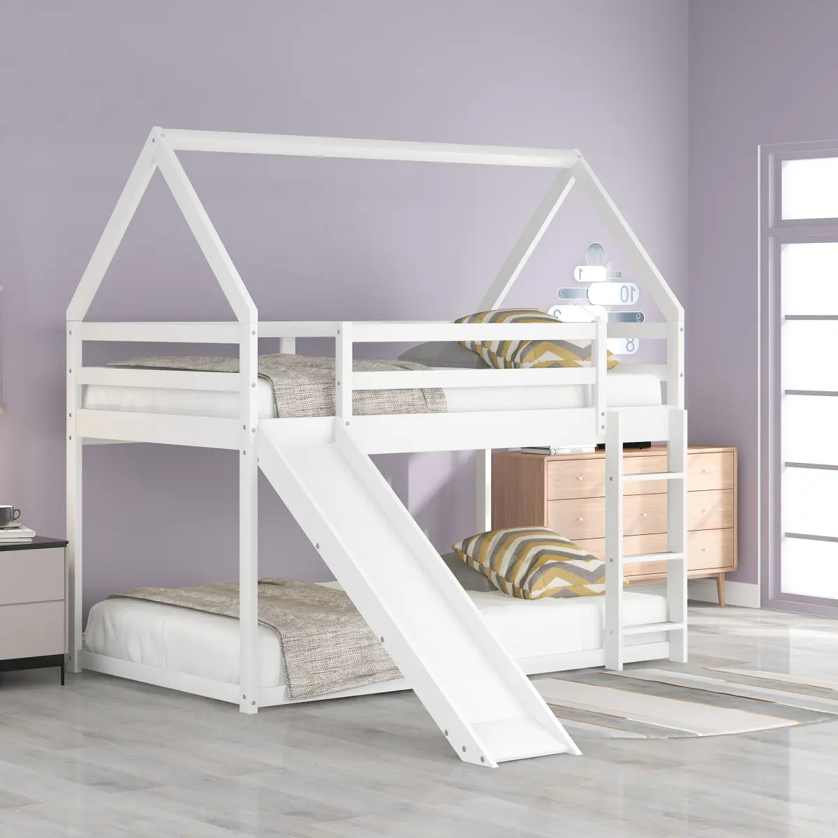 Heavy Duty Twin-Size Arch Bunk House Bed for Kids' Bedroom, Indoor Furniture Bed Frame with Slide and Ladder, White, Heavy Duty Bunkbeds Toddler Bed Kid Climbing Bed