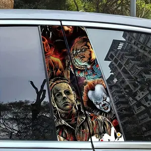 Anime Clown Car Middle B-Pillar Decal 2-Pack, Halloween Theme Vinyl Protective Film with Glitter, Self-Adhesive Cartoon Car Door Column Wrap, High-Gloss Finish for Glass Surfaces, Single Use Right Side Placement