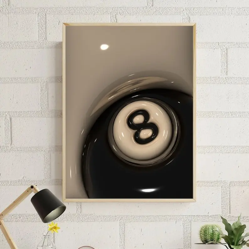 8 Ball Wall Art Poster, Billiards Pool Room Decor, Modern Minimalist Game Room Print, Funny Retro Wall Decor for Bedroom