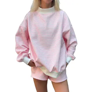 Znacicc Women's Soft Stripe Matching Set Oversized Mock Neck Pullover & Matching Shorts in Pink Ribbed Hem Lounge Wear for Women Effortlessly Stylish for Outdoor & City Strolls