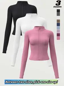 Women's High Elastic Stand Collar Thumb Hole Slim Fit Yoga Top, Breathable Long Sleeve Running Jacket, Athletic Outerwear, Activewear, Sports Fitness Outerwear, Spring & Fall Sportswear, S-Xxxl Sizes，“Size Up for a Better Fit”