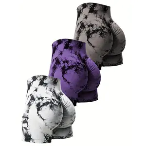 3pcs High Waisted Tie Dye Workout Shorts for Women, Seamless Butt Lifting Yoga Gym Biker Shorts, Stretchy Nylon Activewear