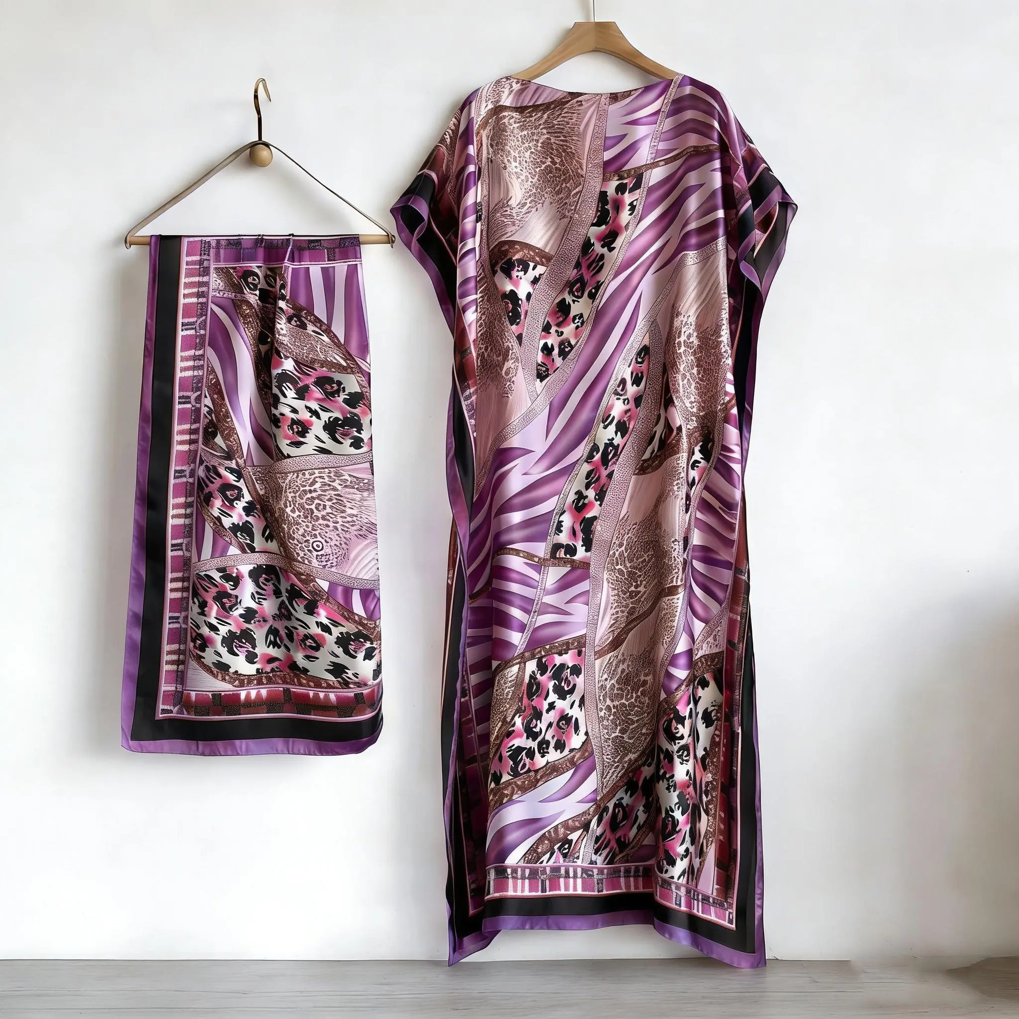 Floral Print Dress with Scarf,Muslim Dresses, Elegant Casual Robe Dress, Loose Fitting Long Maxi Skirt with Short Sleeves, Women's Summer Lounge Wear Two Piece Set
