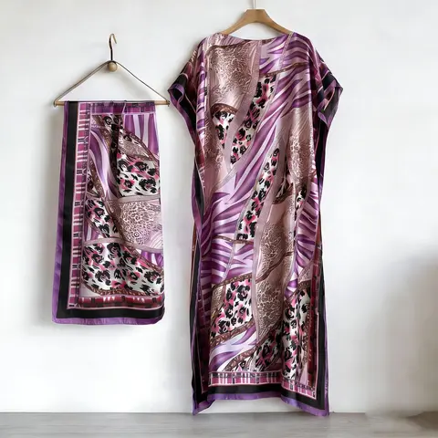 Floral Print Dress with Scarf,Muslim Dresses, Elegant Casual Robe Dress, Loose Fitting Long Maxi Skirt with Short Sleeves, Women's Summer Lounge Wear Two Piece Set