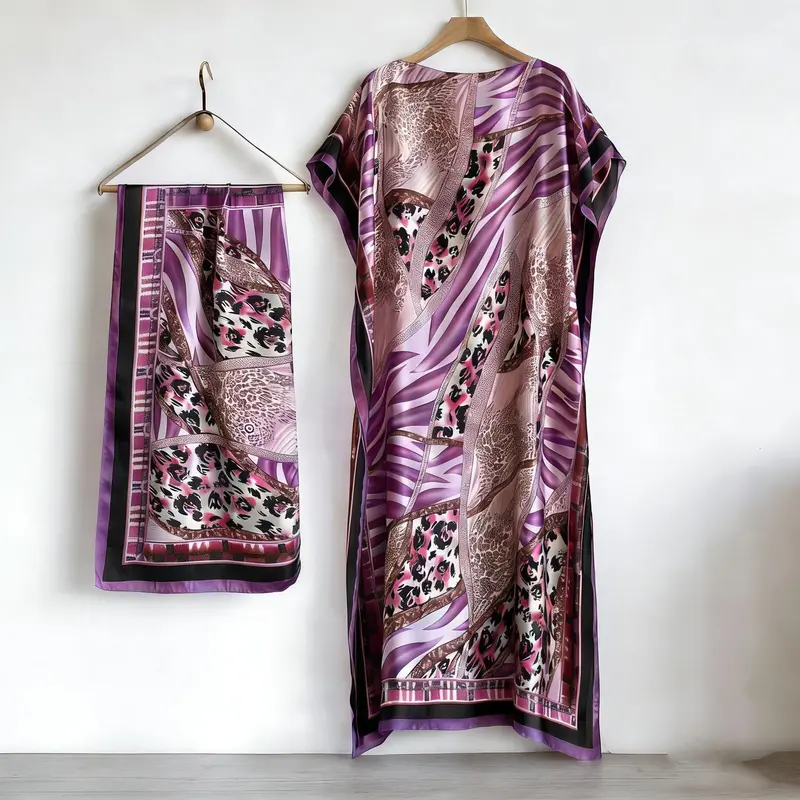 Floral Print Dress with Scarf,Muslim Dresses, Elegant Casual Robe Dress, Loose Fitting Long Maxi Skirt with Short Sleeves, Women's Summer Lounge Wear Two Piece Set