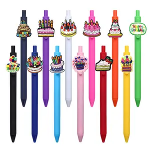 5/15/25pcs Creative Birthday Cake Styling Theme PVC Soft Adhesive Patch Pen Creative Writing Pen Candy Color Birthday Press Ballpoint Pen