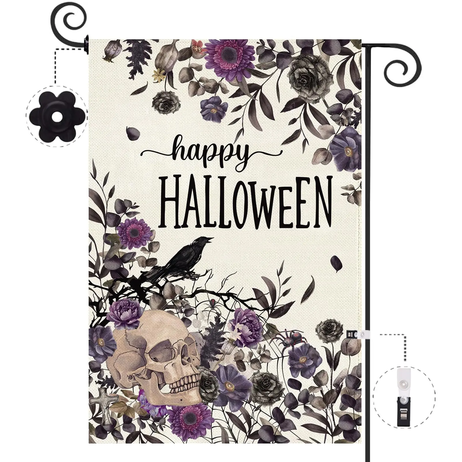  Halloween Garden Flag 12 x 18 Inch, Gothic Purple Floral Skull Double Sided Burlap Welcome Small Front Yard Flag Fall Holiday Lawn Porch Outdoor Outside Decor