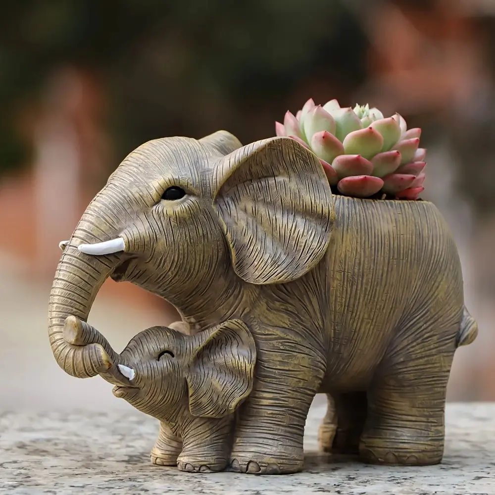 1pc Mother And Elephant Flower Pot, Animal Statue Resin Planter, Succulent Planter with Drainage Holes, Unique Pots, Garden Planters, Garden Decoration, Indoor Home Decor, Gardening Gift