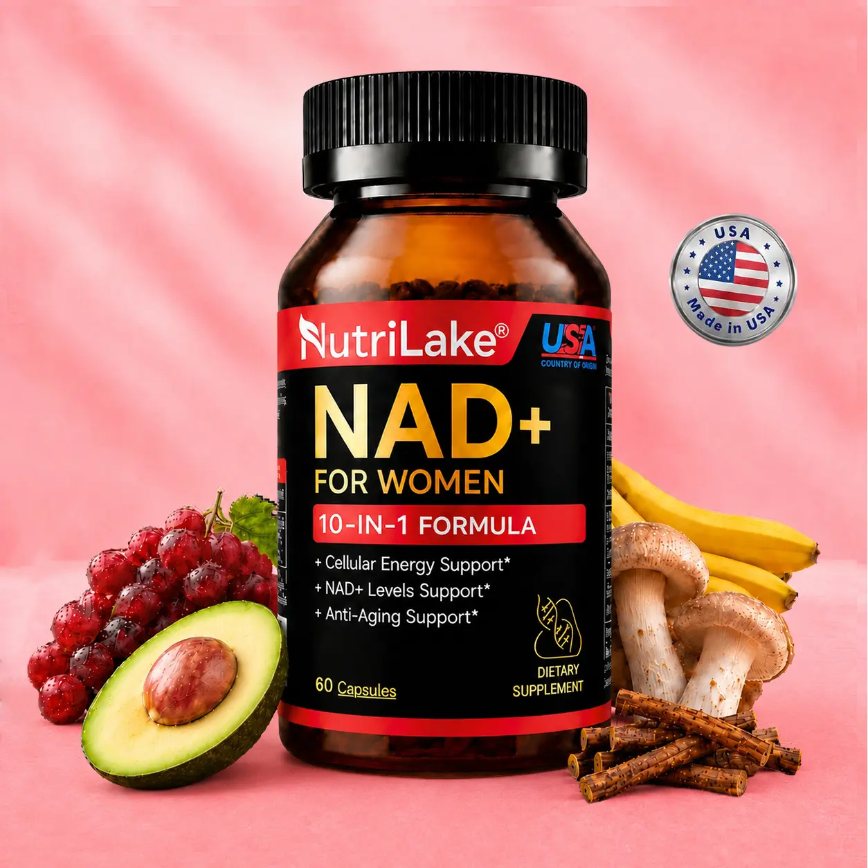NutriLake NAD+ Supplements for Woman Anti-Aging,Wrinkle Defense Capsules –  Trans-Resveratrol,Ergothioneine-Super Blend CoQ10,PQQ,Supports Cellular Health,Energy & Skin Revitalization – 60 Capsules Healthcare Nutrition Supplements