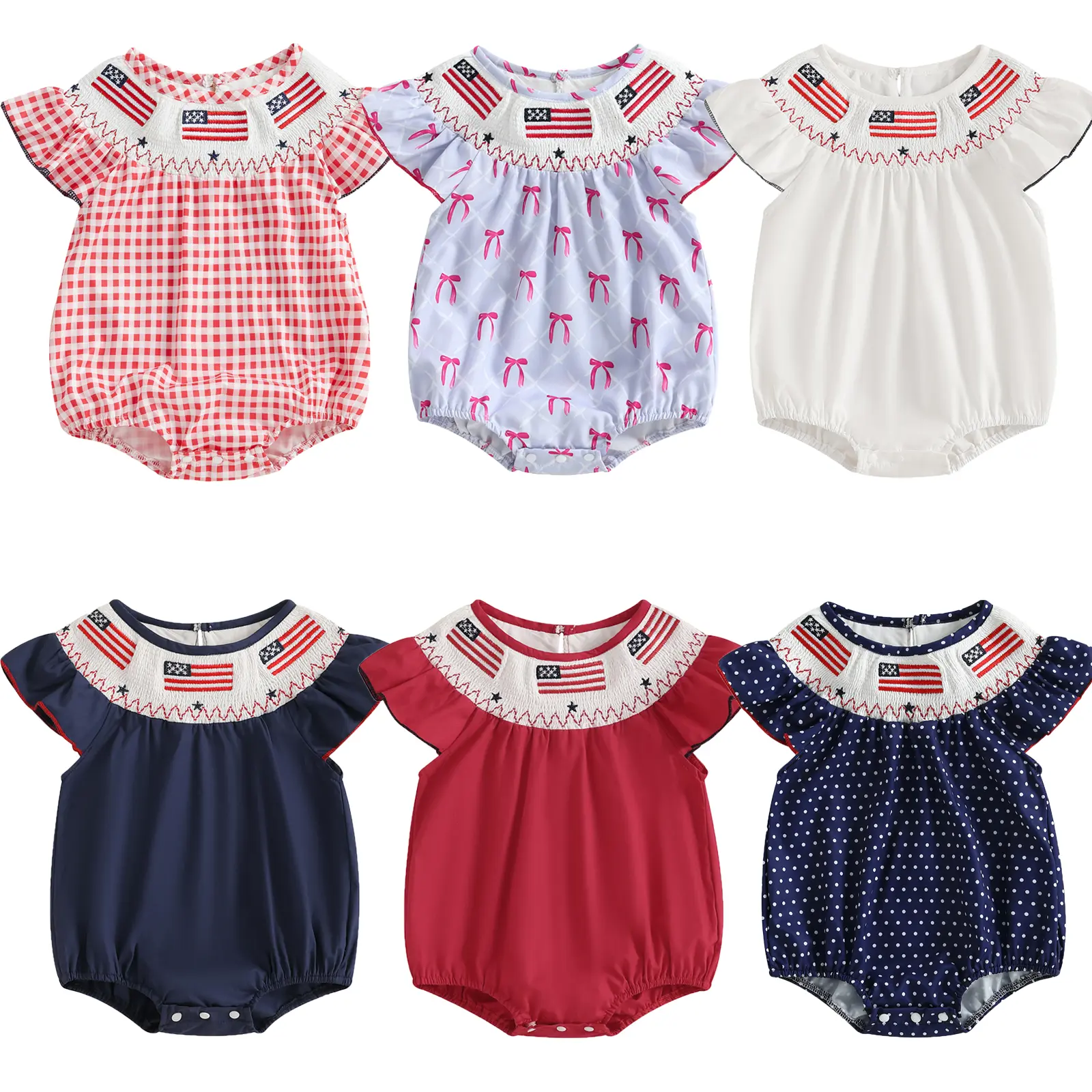 Infant Baby Girl 4th of July Round Neck Polyester Bodysuit - Newborn Embroidered Flag Plaid Bubble Romper, Smocked, Casual, Crotch Button Summer Clothes, Round Neck Bodysuit, Newborn Onesies
