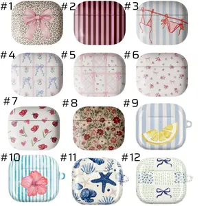 Wireless Headphone Case with Headphone Storage & Protection, Cute Aesthetic Floral Bow Pastel Stripe Slim Durable Cover, Handheld Carabiner, Charging-Compatible Coquette Style for 1/2/3/4 Gen & Pro 1/2 Earbuds