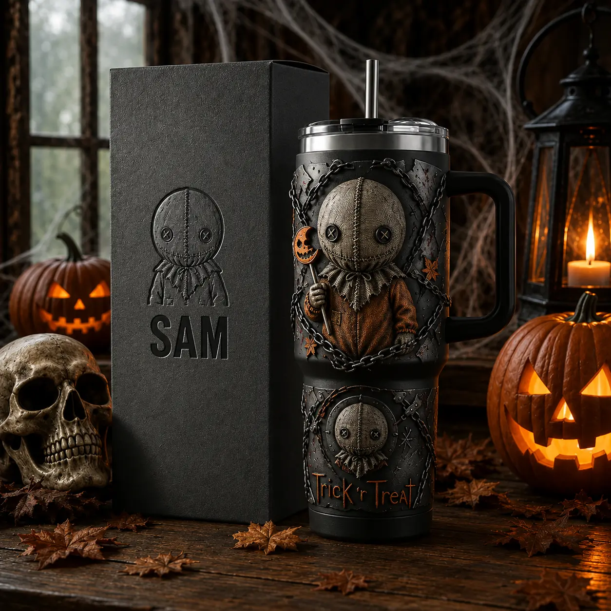 Sam Trick ’r Treat 40oz Tumbler with Handle and Straw, Stainless Steel Vacuum Insulated Travel Mug, Halloween Horror Movie Cup, Reusable Drinkware, Gift for Horror Fans
