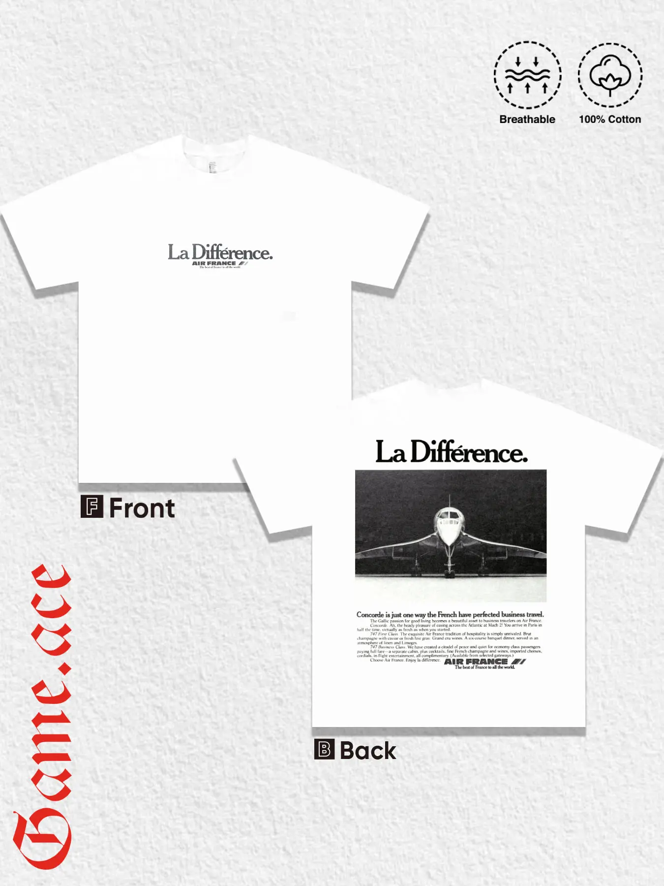 1 PCS La Différence Chest Logo & Vintage Air France Concorde Jet Black White Poster Distressed Back Graphic, Retro Aviation Grunge Streetwear Tee, Soft Breathable Unisex Top For Aircraft Fans Casual Outfit