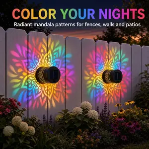 Solar Mandala Lights Outdoor Wall, Seven-Color Changing Solar Mandala Projector Light, Outdoor Waterproof Metal Fence Lights for Garden Post Patio Backyard Yard Decor