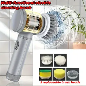 1 Set of 5-in-1 Electric Spin Floor Cleaner with 5 Replaceable Brush Heads, Cordless Electric Cleaning Brush, Handheld Rechargeable Shower Floor Cleaner, Suitable for Bathroom, Kitchen, Bathtub, Tile, Shower, Cleaning Supplies, Christmas Supplies