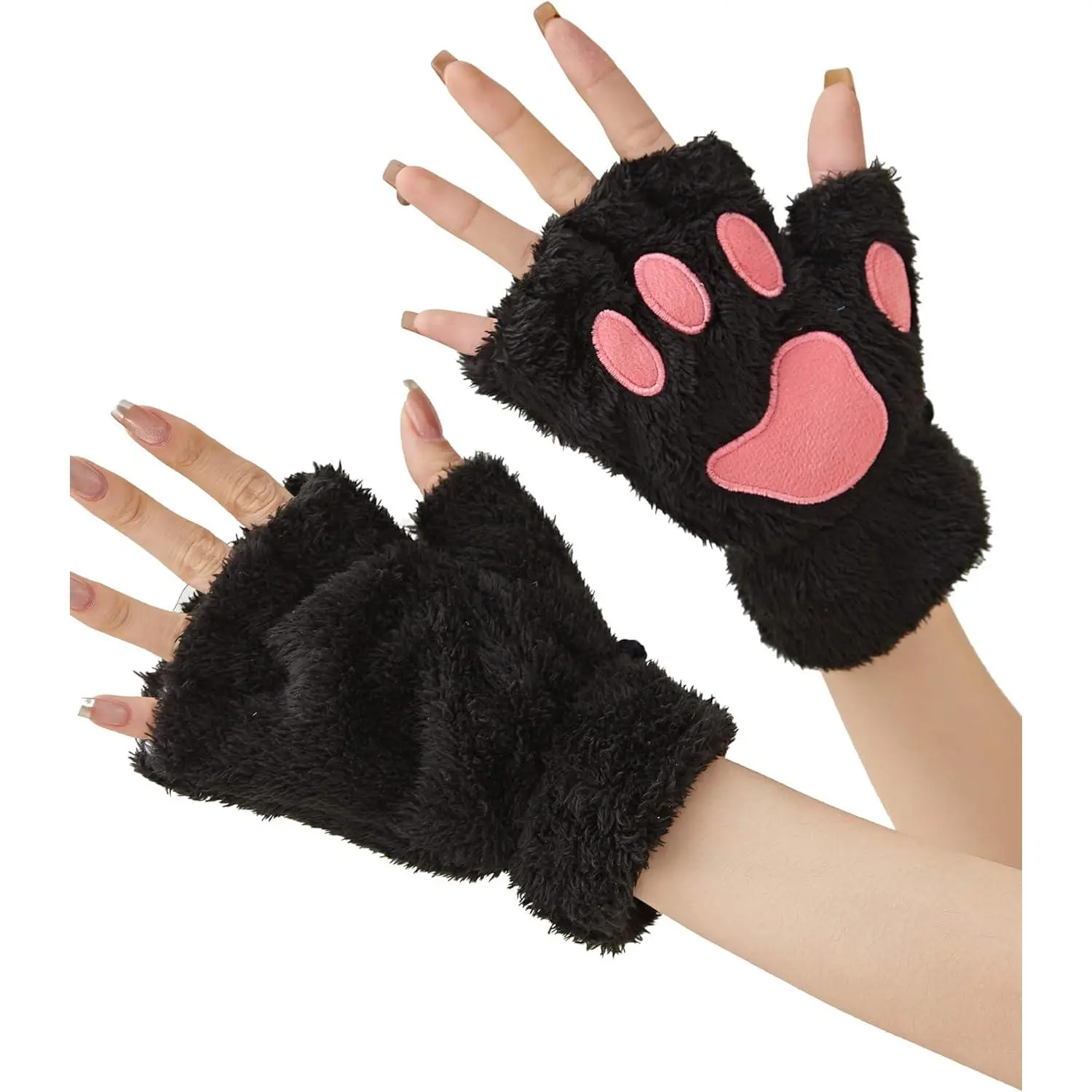 Women's Soft Fuzzy Paw Print Fingerless Gloves - Winter Warm Fashion Accessories, Cosplay Party Costume, Casual Gift for Females