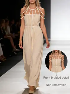 Women’s Sheer Boho Maxi Dress – See Through Flowy Backless Sleeveless Summer Vacation Dress with Braided Tie Detail for Spring Break Party Easter Mother’s Day Outfit