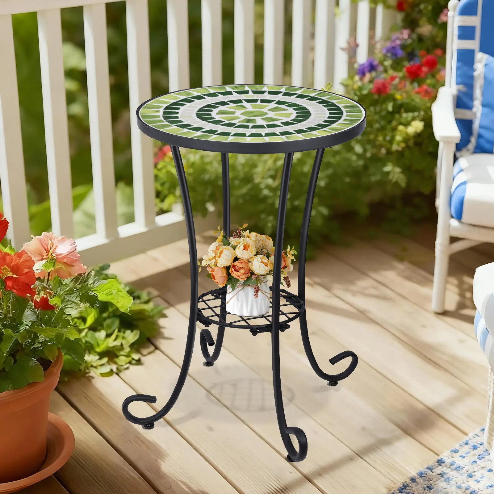 MUMTOP 14-in Round Shape Ceramic Top Foldable Portable Side Table - Artistic Mosaic, Iron Frame, Black Accent, Durable Garden Patio End Table, Lightweight for Living Room Decor