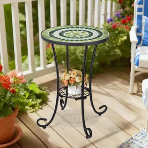 MUMTOP 14 in Round Ceramic Top Outdoor Side Table - Artistic Mosaic, Foldable Iron Frame, Black Accent End Table for Patio, Living Room,summervibes