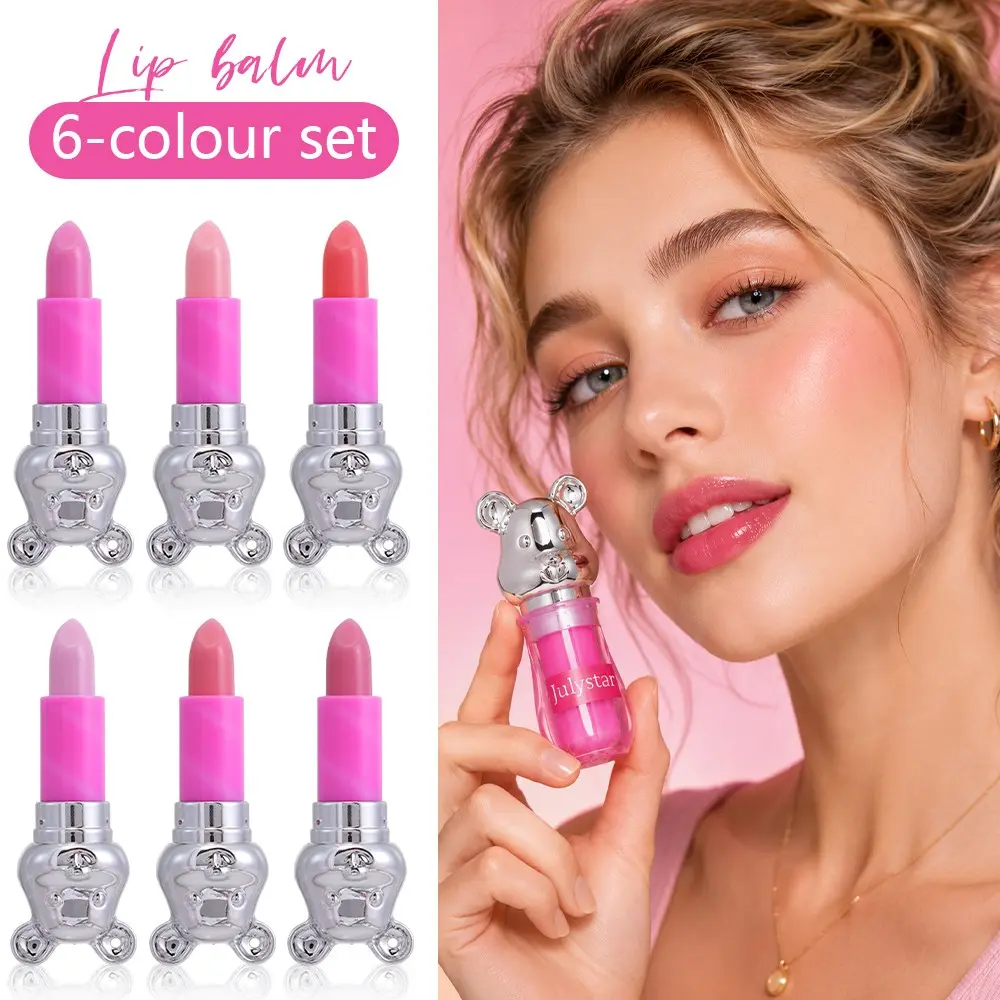 Julystar Bear Temperature Change Lip Balm 6 Colors Set, Moisturizing and Nourishing, Color Changing Lip Balm, Daily Multicolor Lip Makeup