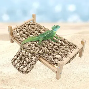 Bearded Dragon Bed with Climbing Ramp - Natural Wood and Seagrass Hammock, Reptile Tank Basking Platform Accessories for Leopard Gecko Lizard Frog