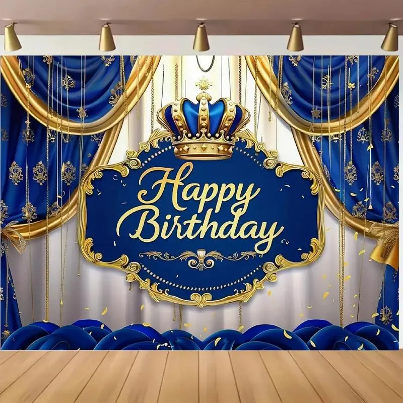 Blue Crown Happy Birthday Backdrop Polyester Fabric Party Banner No Electricity Needed Featherless for Cake Table & Portrait Photography Home Event Decor Ornaments