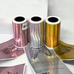Prinhsji 3 Rolls Gold Silver Holographic Thermal Adhesive Continuous Paper, Rainbow Glitter Stickers, Barcode, Name, DIY Custom Logo Design