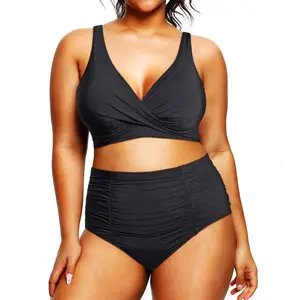 Holipick Plus Size Swimsuit for Women Two Piece Swimsuit High Waisted Bikini Tummy Control Bathing Suits Twist Front Swimwear V Neck with Full Coverage Bottom Ruched Swimsuits