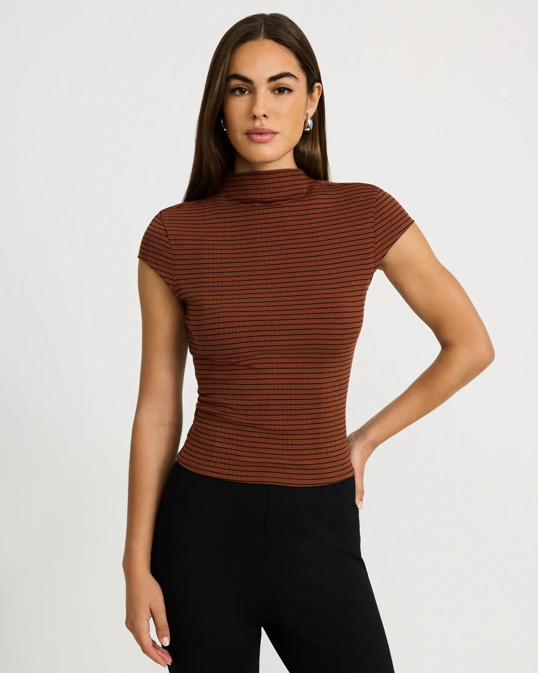 Express Striped Ribbed Mock Neck Cap Sleeve Tee