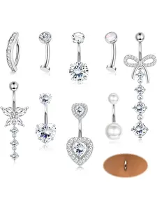 Brilliant 10 Pcs Silvery Cute 14G Belly Button Bars Fashionable Copper Surgical Steel Navel Bars for Women Men Hypoallergenic Clicker Belly Button Piercing Dangle Belly Ring Set CZ Sparkle Belly Bar Piercing Jewelry Set Body Piercing Jewelry