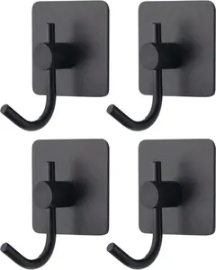 4 Pack Wall Hooks, Heavy Duty Sticky Holder   Towel Hooks for Hanging Coat, Hat, Key, Clothes, Closet Hook Wall Mount for Kitchen, Bathroom, OfficeBlack