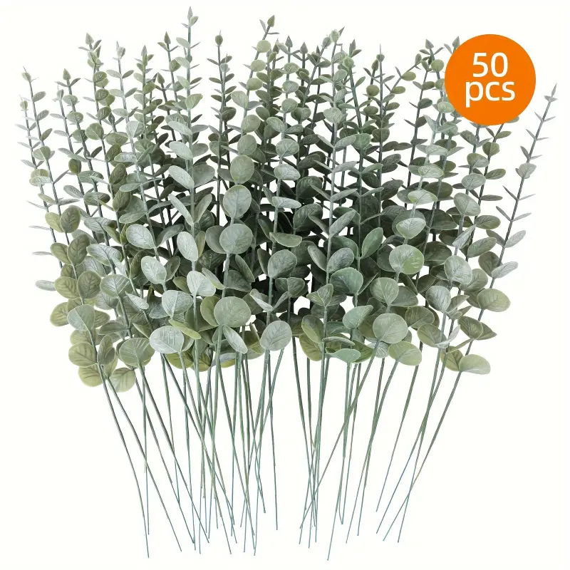 50pcs Real Touch Artificial Eucalyptus Stems - Light Green Plastic Leaves for Bouquets, Wedding Centerpieces,Spring Office Decor, Seasonal Decor | Vibrant Green Foliage | Detailed Leaf Texture, Artificial for Home Dec Decorative Fruit Ornaments Plant