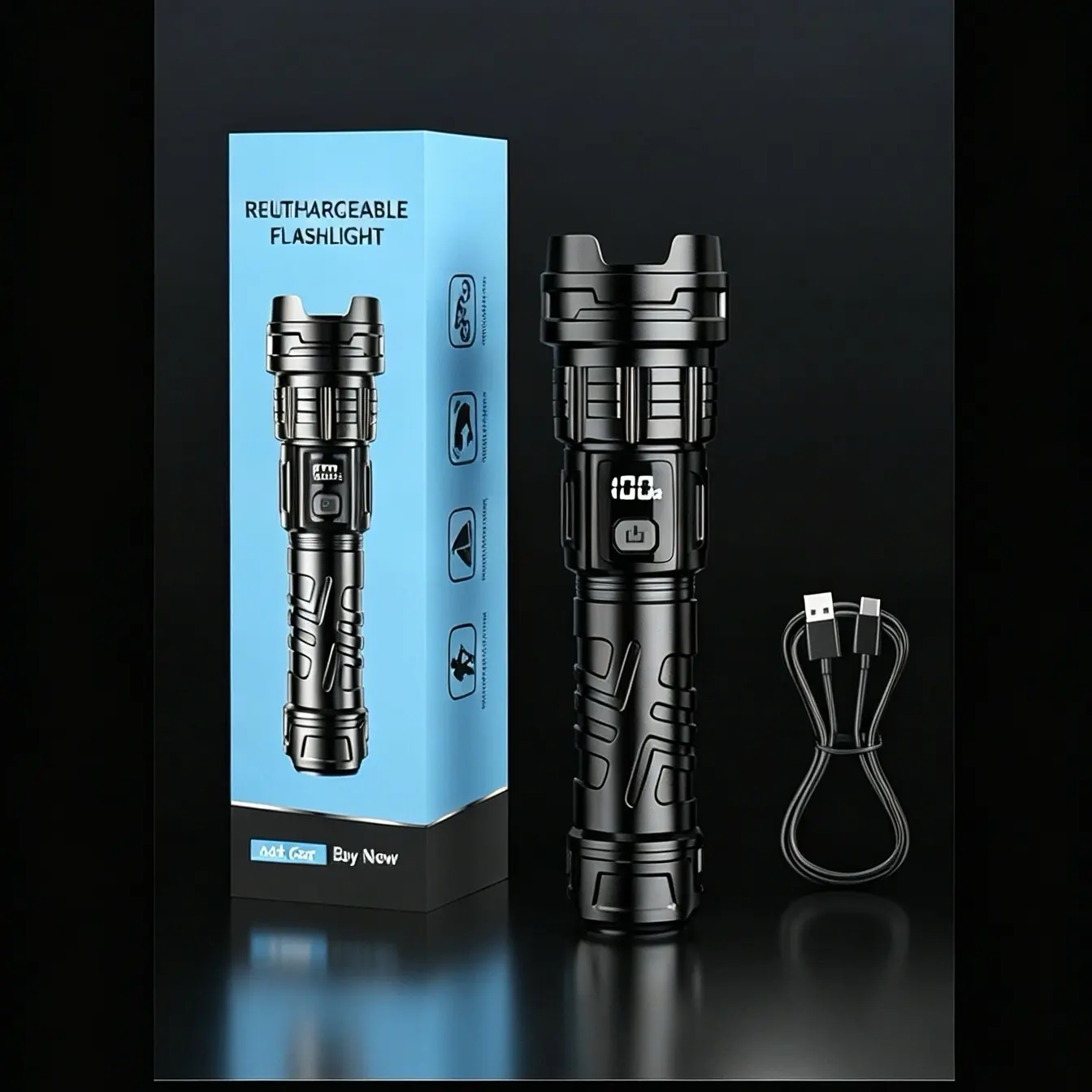 Tactical Flashlight with Rugged Metal Body, High-Power Zoomable Spotlight, Rechargeable Power Bank for Hiking Gear & Emergencies, Night Outdoors, Tactical Look, Anti-Drop Grip, Ipx6 Waterproof, Night Hikes, Portable Power Bank Torches