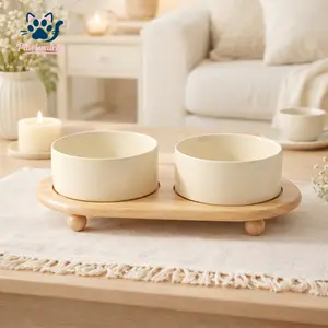Pawluxuria Elevated Ceramic Double Pet Bowl Set with Wooden Stand Non-Slip Design Microwave & Dishwasher Safe for Dogs & Cats Feeding