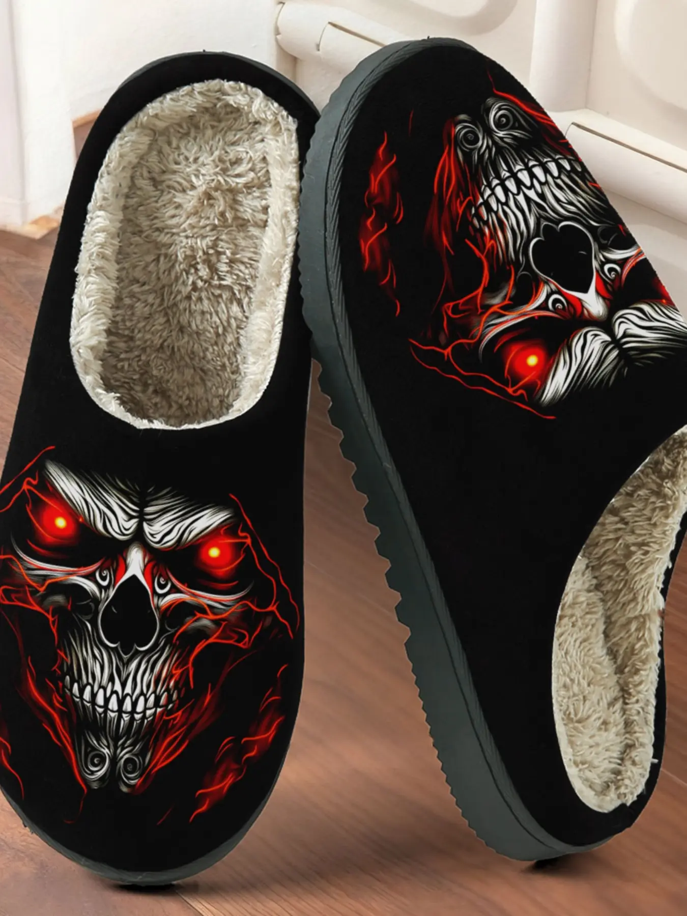 Flame Skull Printed Cotton Slippers, Dark Gothic Style, Fuzzy Lining, Non-Slip Thick Rubber Sole, Home Use, Warm House Slippers, Men and Women, Fall Winter Warm Shoes, Footwear, Antislip Slippers, Thick Soled Slippers