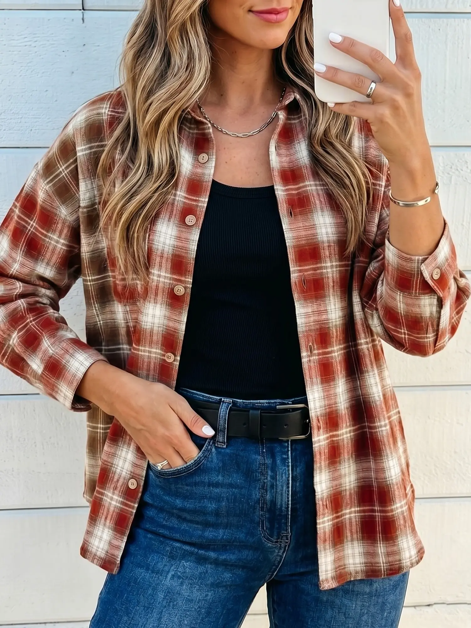 Women's Oversized Plaid Flannel Shirt Casual Patchwork Long Sleeve Button Down Shacket