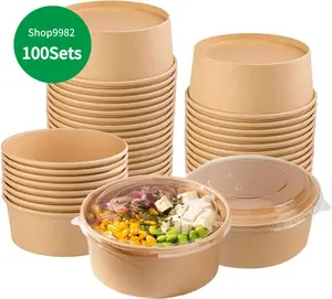 【100 Sets】Disposable Lidded Paper Bowls for Meal Prep, Takeout, Salad, Ramen & Soup | Leak-Proof & Durable Food Containers | Eco-Friendly Hot/Cold Safe Bowls in Bulk for Home, Office or Parties