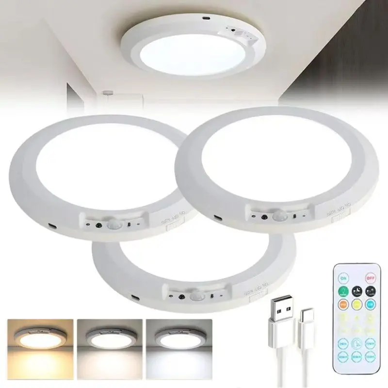 Rechargeable Wireless LED Motion Sensor Ceiling Light with Remote Control - Magnetic Dimmer, 3-Color Battery-Operated, 7.48in Ultra-Long Life Ceiling Lighting for Indoor Use, Closet, Hallway