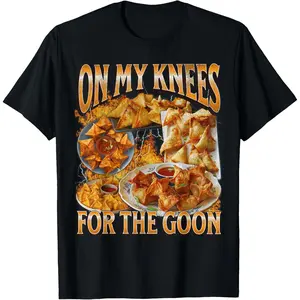 [Graphic T-Shirt] [Funny T-Shirt]Funny Crab Rangoon Meme Graphic T-Shirt – "On My Knees" Humor Tee, Viral Food Meme Streetwear Shirt, Unisex Casual Short Sleeve Top, Trendy Graphic Tee, Soft Comfortable Fit, Gift for Meme & Food Love