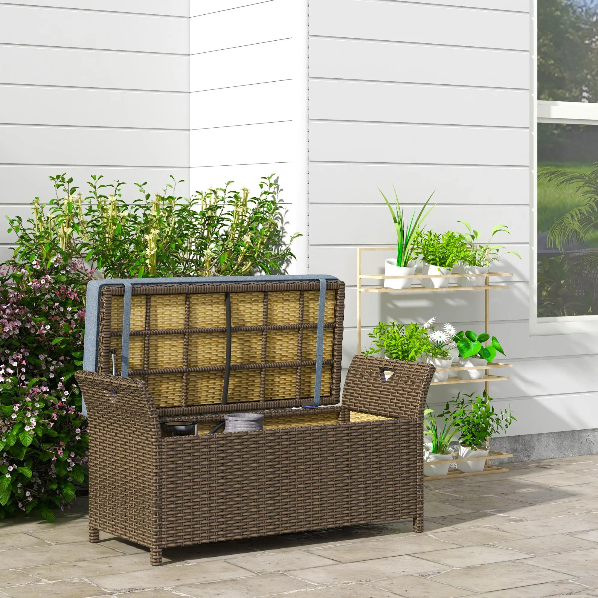Freestanding Storage Bench For Mudroom Or Balcony Thick Cushion Seats Two Internal Load 110 Lbs Assembly Required 2-In-1 Rattan Patio Furniture