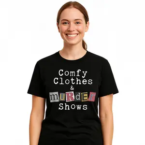 Unique unisex crew neck T-shirt, comfortable fabric, printed with a murder show motif, perfect for crime fans and all festival enthusiasts, made of pure cotton with short sleeves