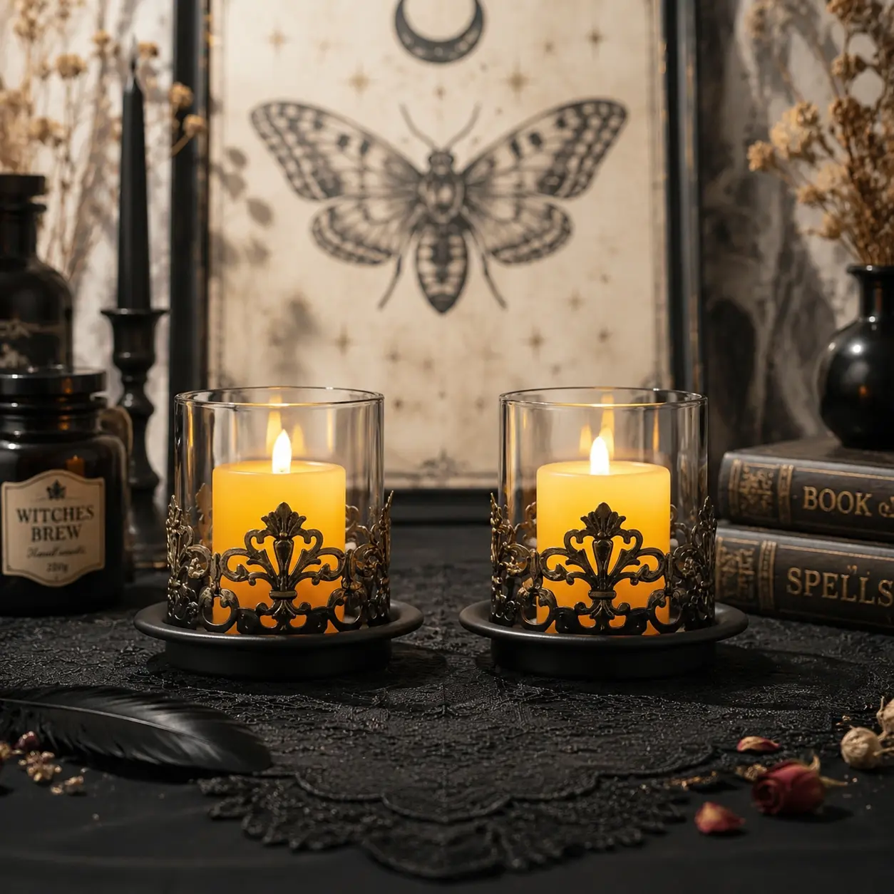 Vintage Gothic Glass Hurricane Candle Holders, Black Metal Base with Gold Accents, Clear Glass Sleeve, 4.3x4 Inch, Set of 2, for Pillar Candles